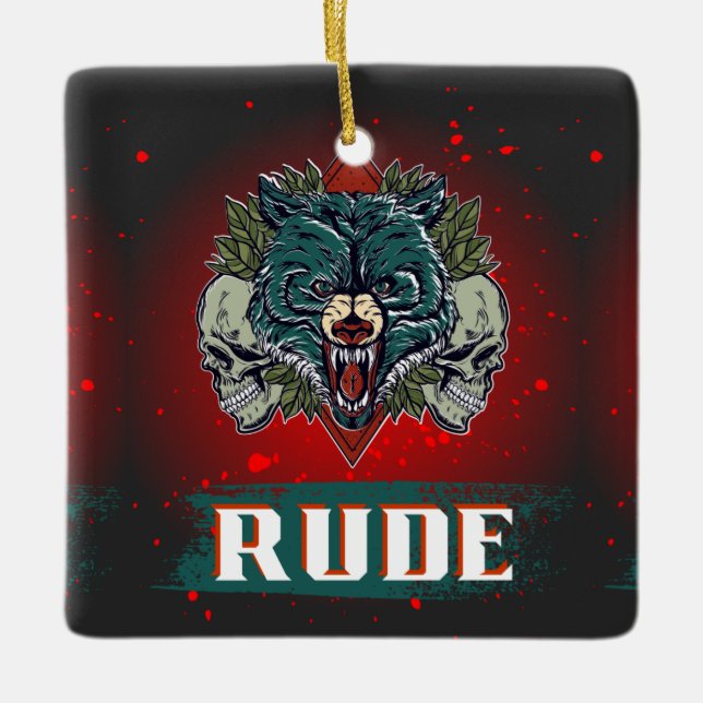 rude, skull and bear ceramic ornament (Front)
