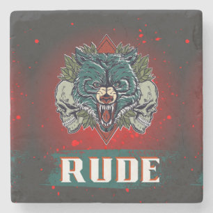 rude, skull and bear stone coaster