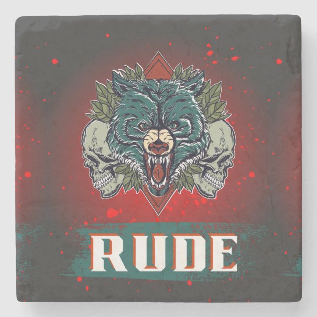 rude, skull and bear stone coaster (Front)