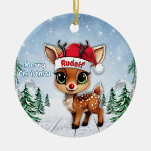 Rudolf Baby Deer Fawn, Doe, Reindeer Santa Hat🦌🎄 Ceramic Ornament