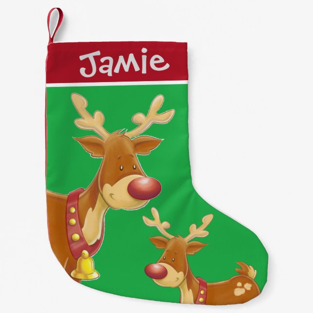 Rudolph and Baby Cute Green Personalised Small Christmas Stocking (Front)