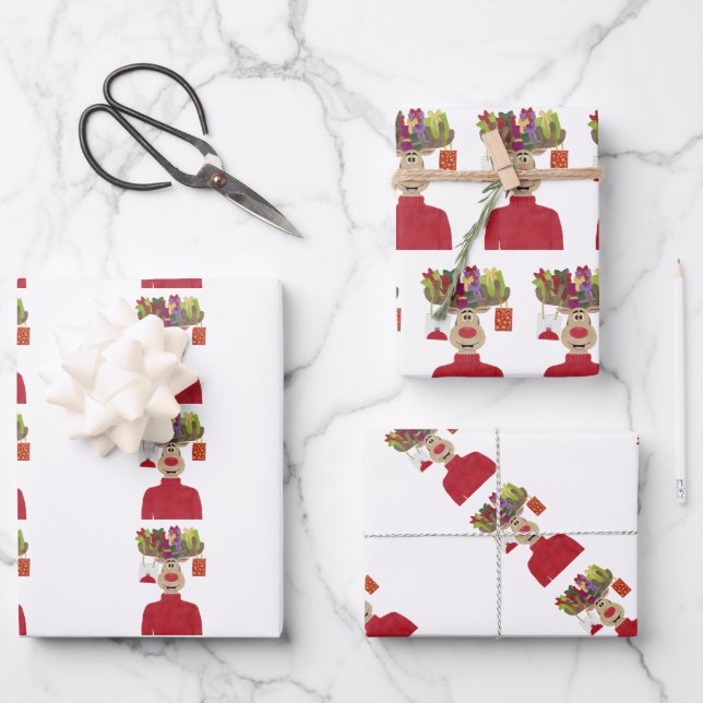 Rudolph Christmas Gifts Reindeer Wrapping Paper Sheet (Front)