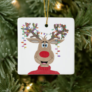 Rudolph Christmas Lights Reindeer Ceramic Ornament