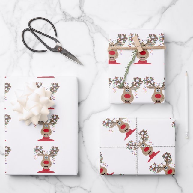 Rudolph Christmas Lights Reindeer Wrapping Paper Sheet (Front)