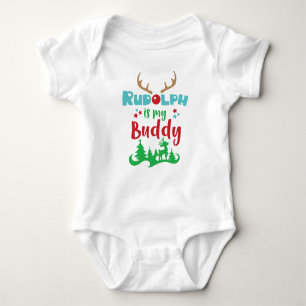 Rudolph Is My Buddy, Reindeer, Antlers, Christmas Baby Bodysuit
