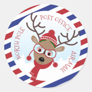 Rudolph North Pole Post Office Round Sticker