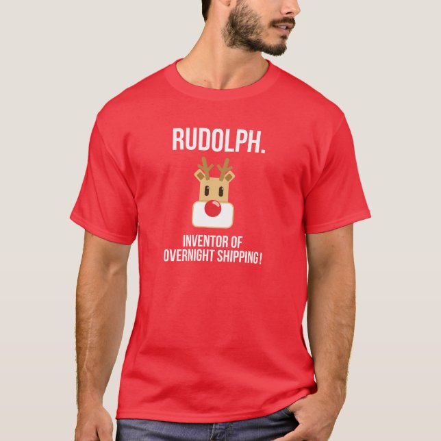 Rudolph Overnight Shipping Dark Colour Christmas T-Shirt (Front)