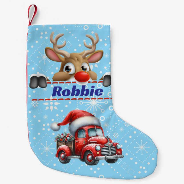 Rudolph Reindeer Christmas Blue & White Small Christmas Stocking (Front)