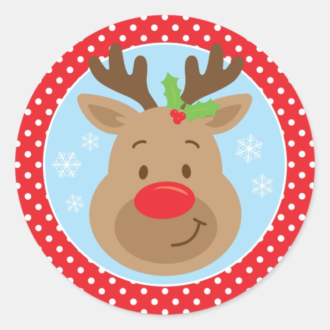 Rudolph Reindeer Christmas Holiday Round Sticker (Front)
