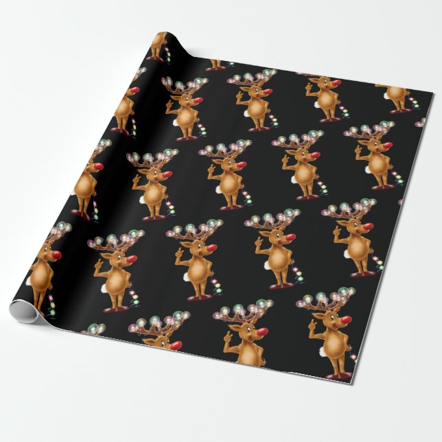 Rudolph Reindeer Christmas lights. Black Wrapping Paper (Unrolled)