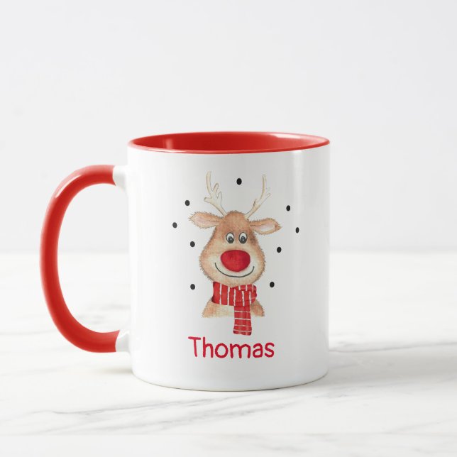 Rudolph reindeer in watercolor personalised mug (Left)