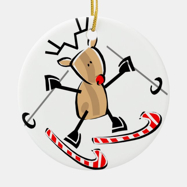 rudolph skiing on camdy canes ceramic tree decoration (Front)