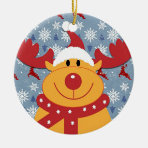 Rudolph with blue snow background ceramic ornament