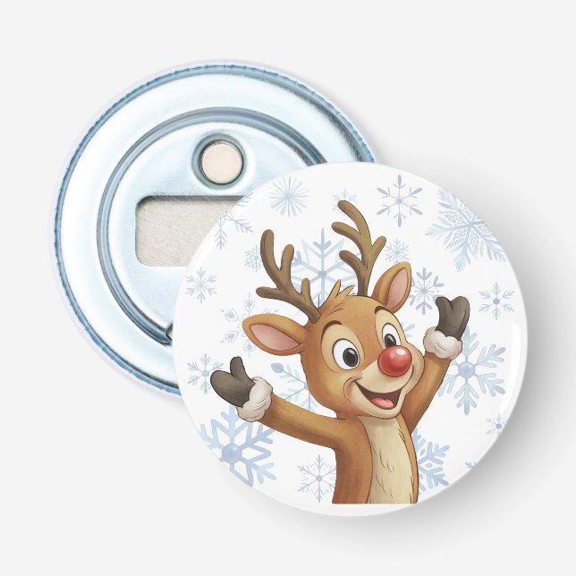 Rudolph With Blue Snowflakes Bottle Opener (Front)