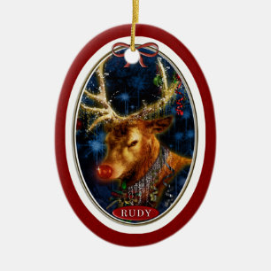 Rudy Reindeer Digital Art Red Ceramic Ornament
