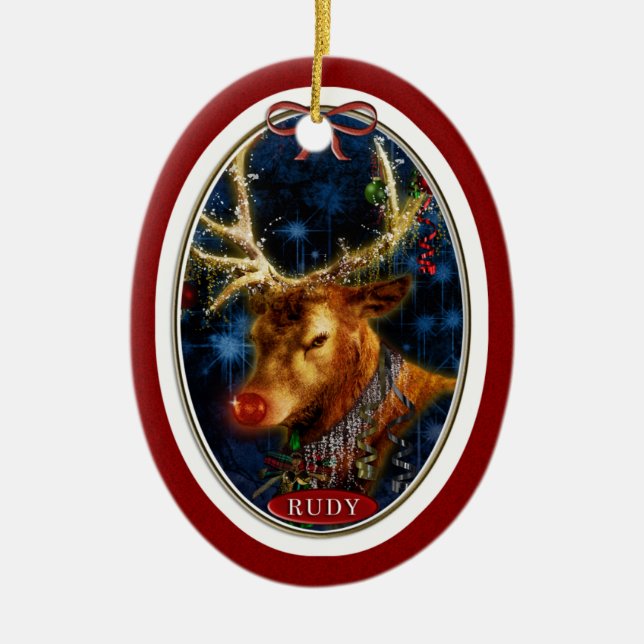Rudy Reindeer Digital Art Red Ceramic Ornament (Front)