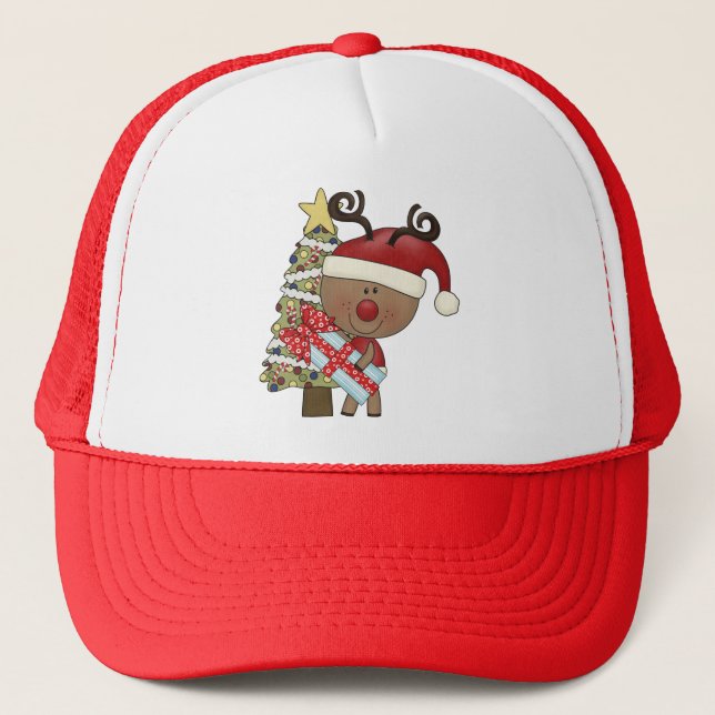 Rudy Reindeer Holiday Tree Trucker Hat (Front)