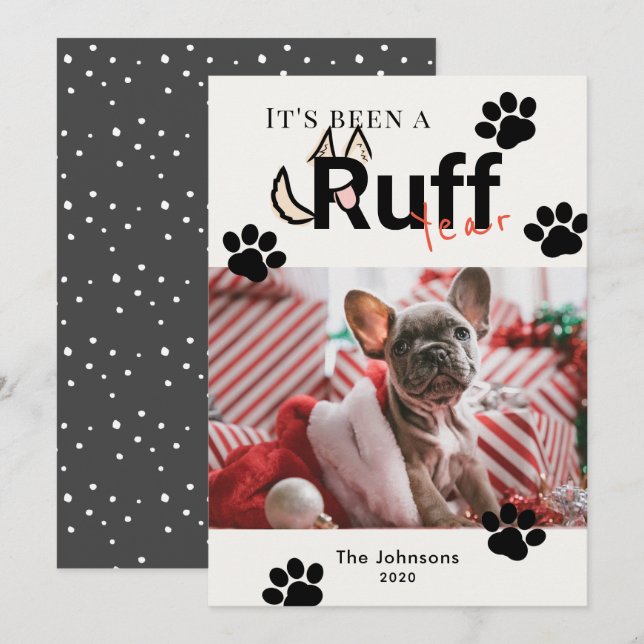 Ruff Year Cream White Dog Photo Christmas Holiday Card (Front/Back)