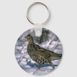 Ruffed grouse standing in snowy woods key ring