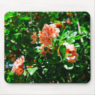 Ruffled Pomegranate Blossoms and Green Leaves Mouse Pad