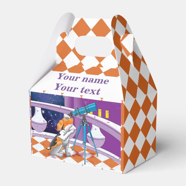 Rufous beige puppy and telescope in the castle favour box (Front Side)