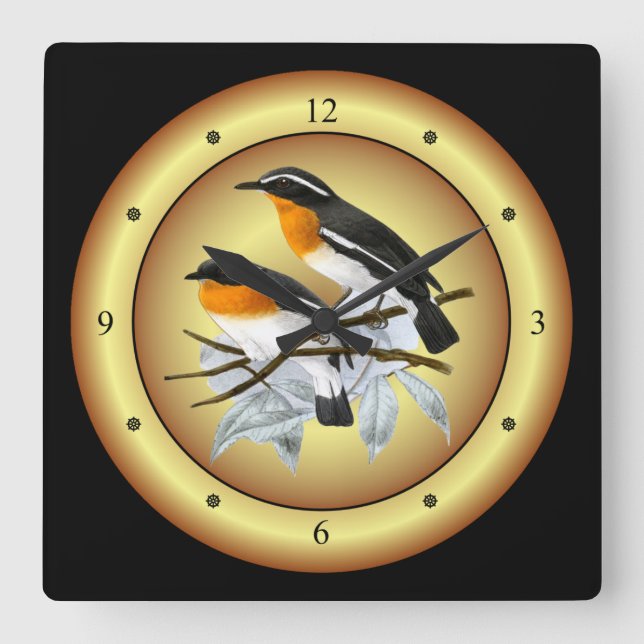Rufous-Chested Flycatcher ~ Gold/Black Background~ Square Wall Clock (Front)