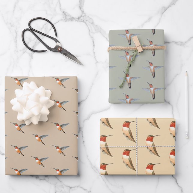 Rufous Hummingbirds Pattern Wrapping Paper Sheet (Front)