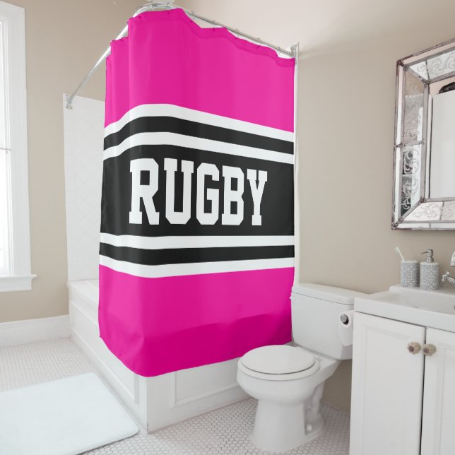 Rugby Bold Bright Pink Black White Racing Stripes Shower Curtain (In Situ)