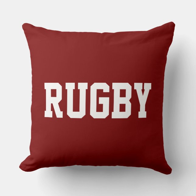 RUGBY Fun 70s Athletic White Text On Bold Deep Red Cushion (Front)