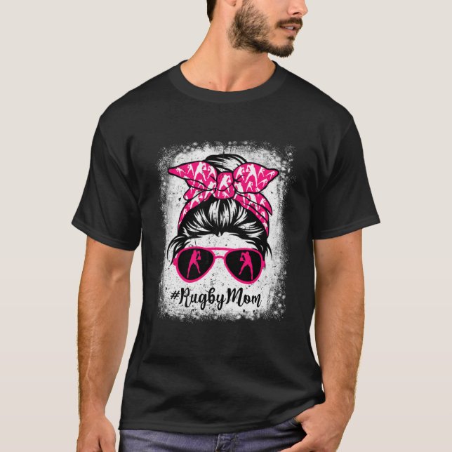Rugby Mom Leopard Messy Bun Sport  Mother's Day T-Shirt (Front)