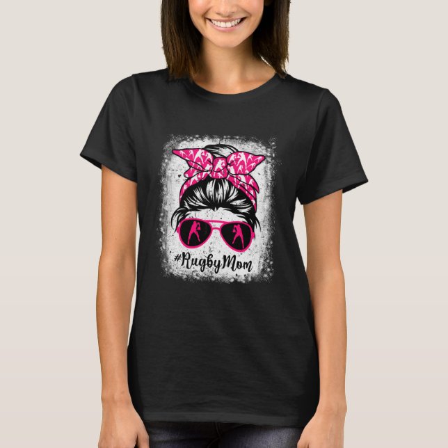 Rugby Mom Leopard Messy Bun Sport  Mother's Day T-Shirt (Front)