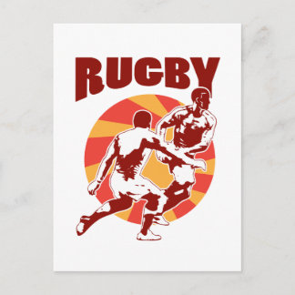 Rugby player running passing tackling retro style postcard