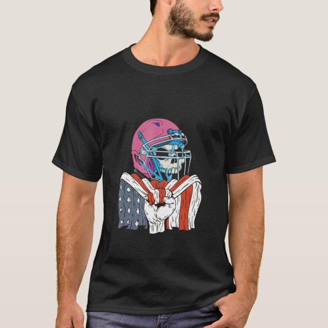 Rugby Player Skeleton with helmet and American Fla T-Shirt (Front)