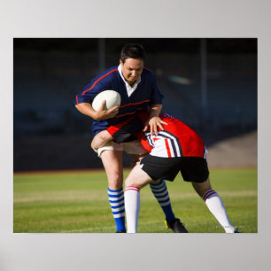 Rugby player tackling another poster