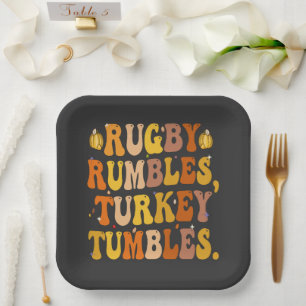 Rugby Rumbles Turkey Tumbles Funny Thanksgiving  Paper Plate