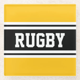 RUGBY Sporty Bright Yellow Black Racing Stripes Glass Coaster