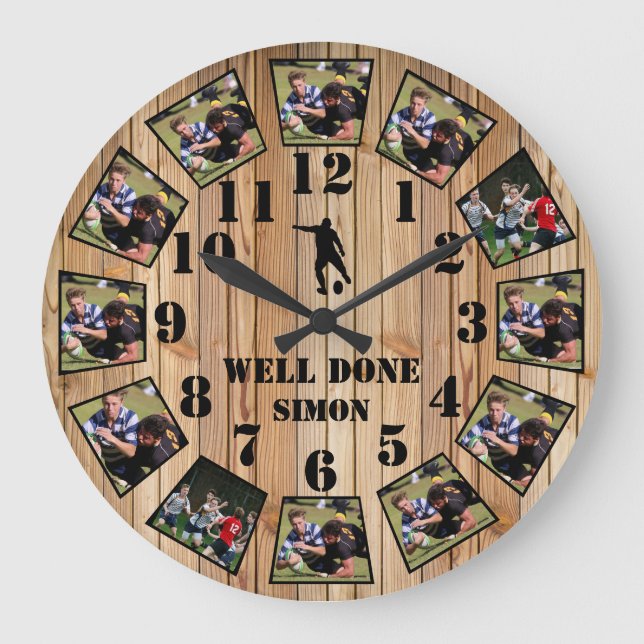 Rugby Wooden Effect Personalise Photo Collage Larg Large Clock (Front)