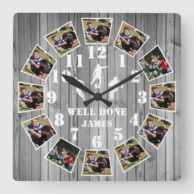 Rugby Wooden Effect Personalise Photo Collage Larg Square Wall Clock (Front)