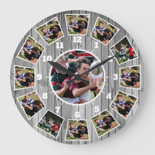 Rugby Wooden Effect Personalise Photo Collage Large Clock