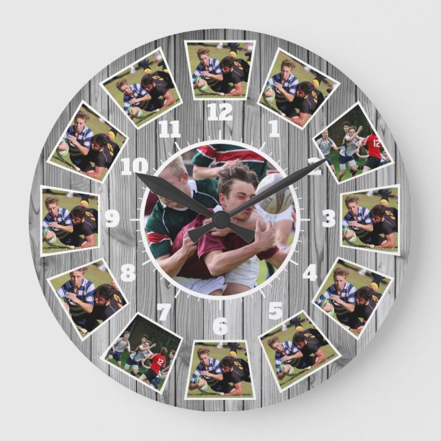 Rugby Wooden Effect Personalise Photo Collage Large Clock (Front)