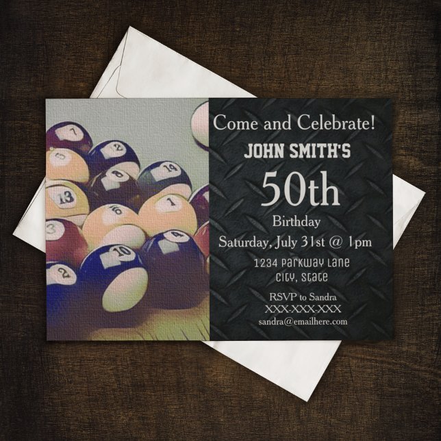 Rugged Adult Billiards Men's Birthday Invitations (Creator Uploaded)
