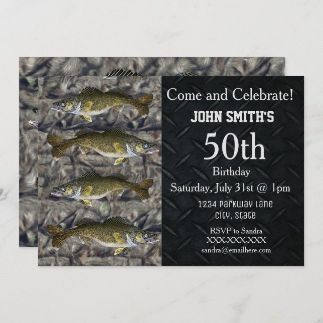 Rugged Adult Walleye Fishing Camo Birthday Invitation (Front/Back)