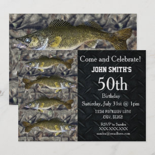 Rugged Adult Walleye Fishing Camo Birthday Invitation