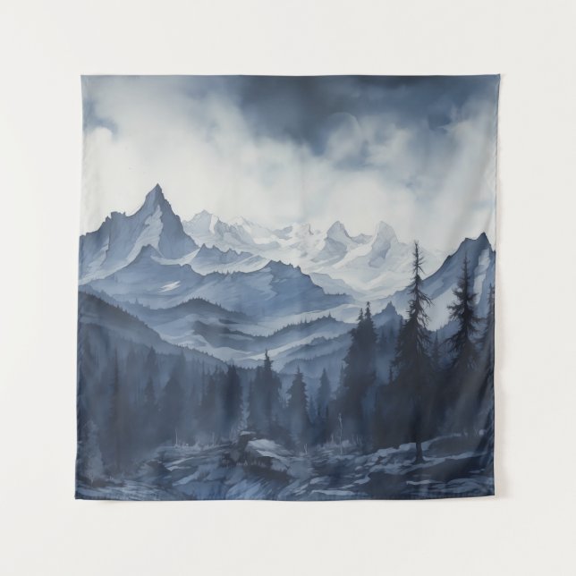 Rugged Blue Ink Mountain Tapestry (Front)