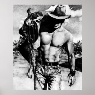 Rugged Perfect Abs Cowboy Carrying His Saddle Poster