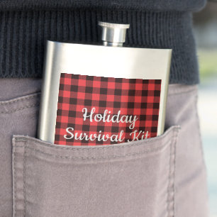 Rugged Red & Black Plaid Holiday Survival Kit Hip Flask