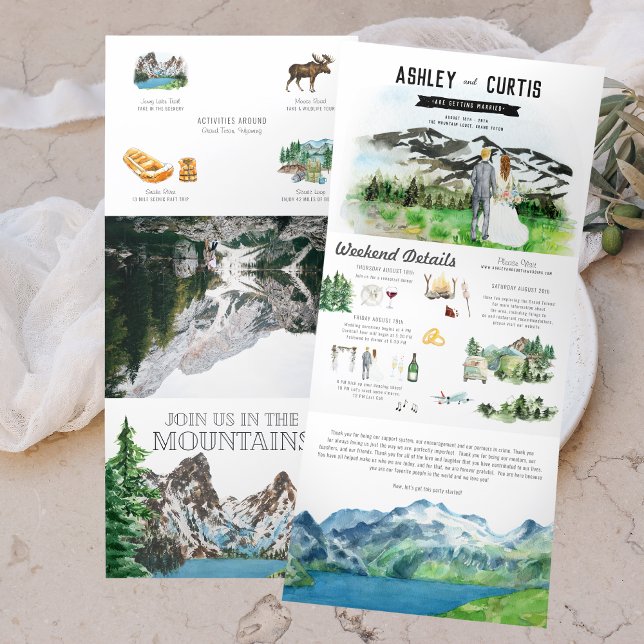 Rugged Snowy Mountain | Illustrated Wedding Tri-Fold Invitation (Creator Uploaded)