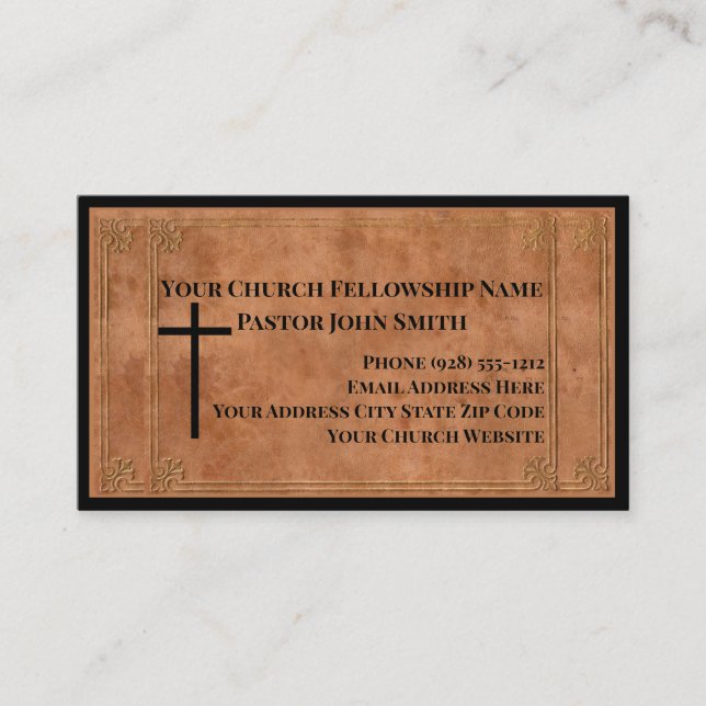 Rugged Stamped Brown Leather Church Business Card (Front)
