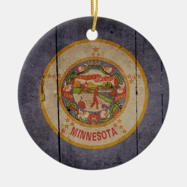 Rugged Wood Minnesota Flag Ceramic Tree Decoration (Front)