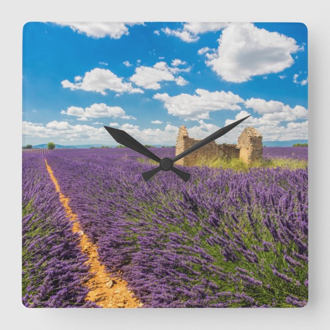 Ruin in Lavender Field, France Square Wall Clock (Front)